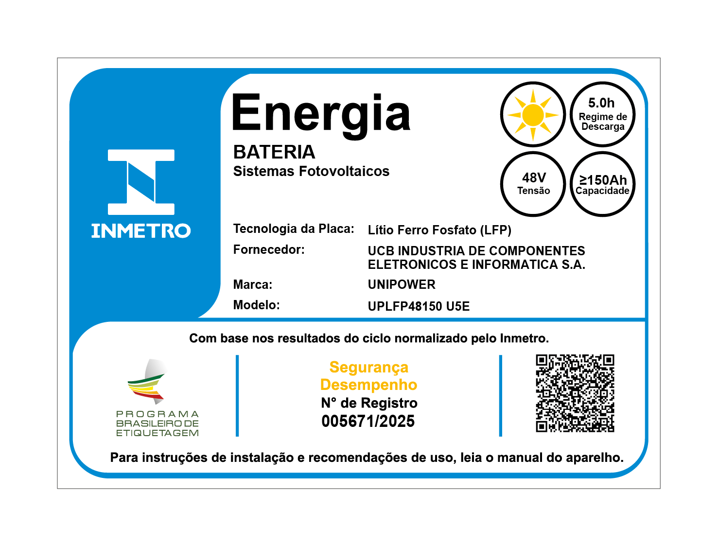 Bateria Estacionária de Lítio – LFP 48V 150AH U5E